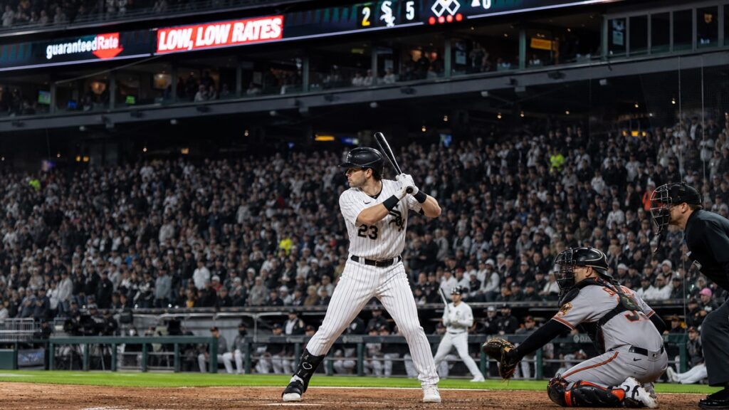 Andrew Benintendi batting for the Chicago White Sox during the 2026 ALDS
