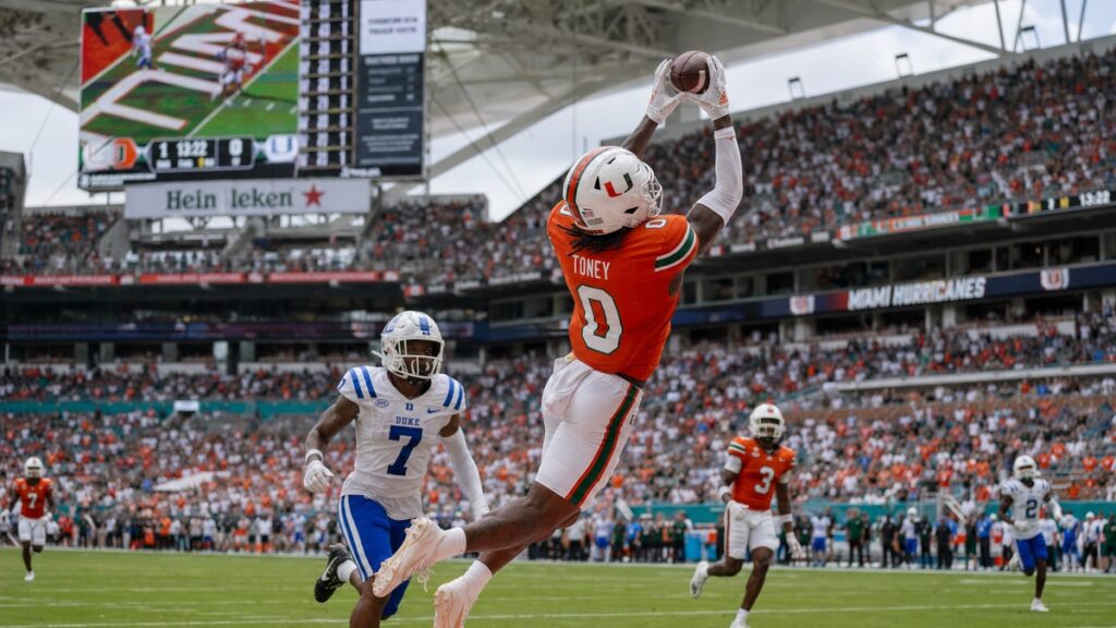 Malachi Toney catching a touchdown pass for the Miami Hurricanes