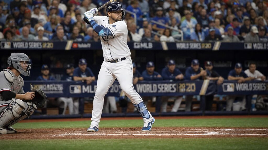 Jonathan Aranda batting for the Tampa Bay Rays during the World Series at Tropicana Field