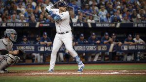 Jonathan Aranda batting for the Tampa Bay Rays during the World Series at Tropicana Field