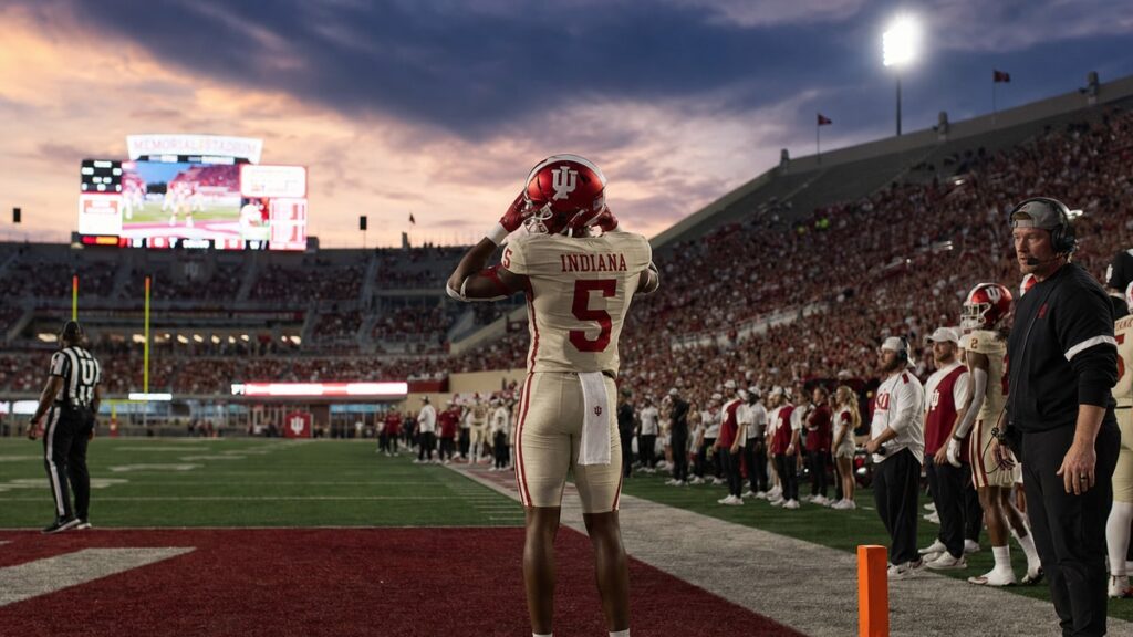 Indiana Hoosiers receiver on the sideline at Memorial Stadium after the loss to Ohio State