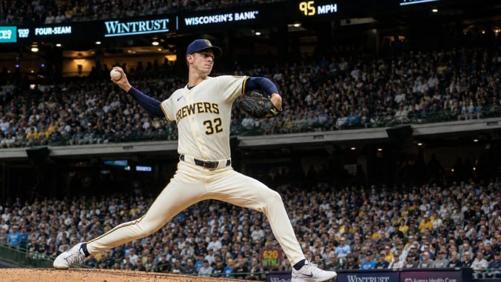 Jacob Misiorowski pitching for the Milwaukee Brewers in the NLDS