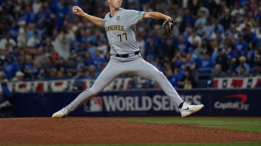 Jacob Misiorowski pitching for the Milwaukee Brewers in the World Series