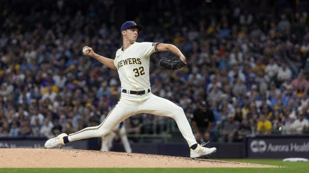 Jacob Misiorowski pitching for the Milwaukee Brewers in NLCS Game 1 against the Dodgers