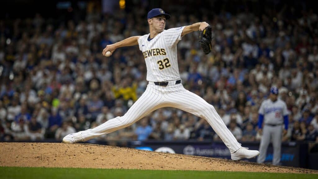 Jacob Misiorowski pitching for the Milwaukee Brewers in NLDS Game 5 against the San Diego Padres