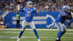 Jared Goff throwing a pass for the Detroit Lions