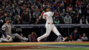 Jose Ramirez of the Cleveland Guardians batting at Progressive Field during the ALCS