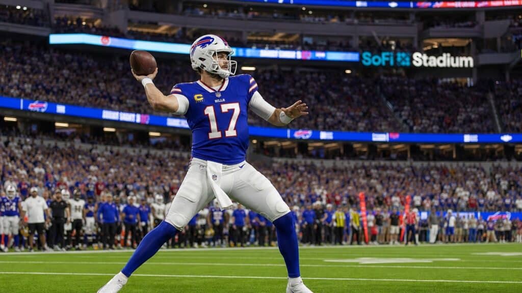 Josh Allen throwing a pass for the Buffalo Bills ahead of Monday Night Football against the Rams