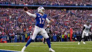 Josh Allen throwing a deep pass for the Buffalo Bills