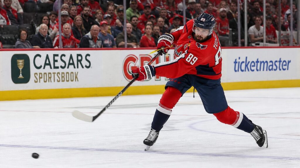 Alex Tuch of the Washington Capitals shooting the puck toward the net against the Seattle Kraken