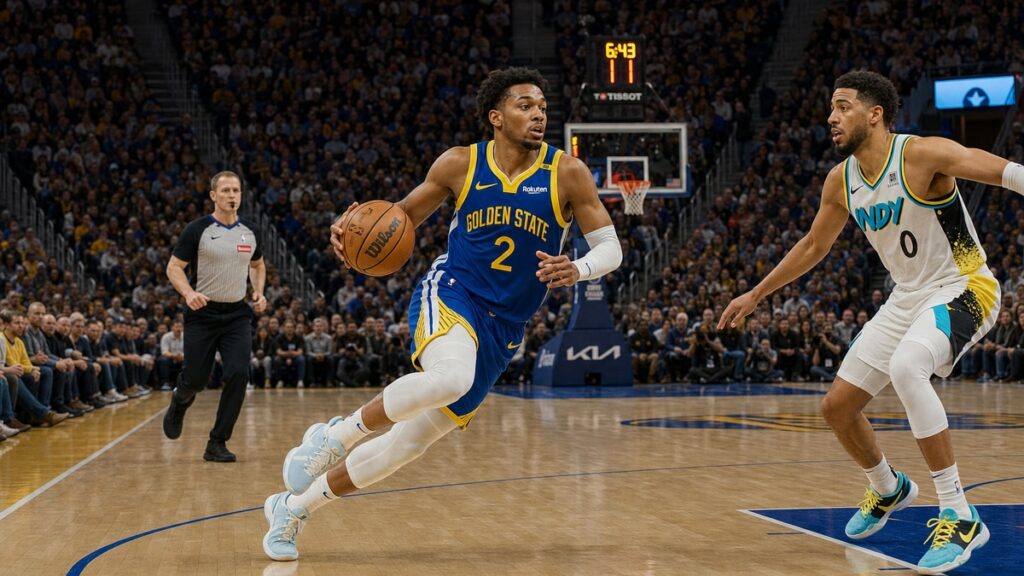 Golden State Warriors guard driving to the basket in a blue and gold number 2 jersey ahead of the Lakers game at Chase Center