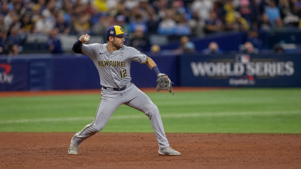 Milwaukee Brewers shortstop Cooper Pratt throwing to first base during the World Series at Tropicana Field
