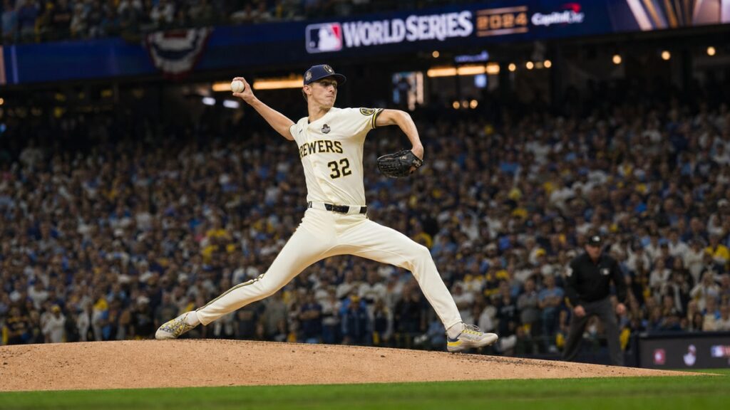 Jacob Misiorowski pitching for the Milwaukee Brewers at American Family Field in the World Series