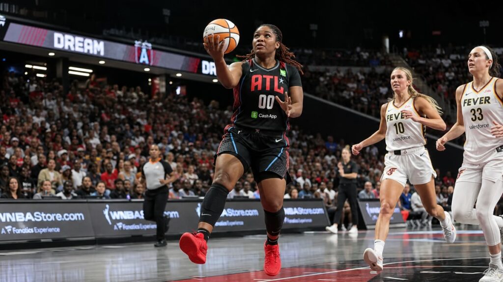 Naz Hillmon driving to the basket for the Atlanta Dream in WNBA playoff action