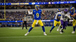 Matthew Stafford of the Los Angeles Rams dropping back to throw a pass