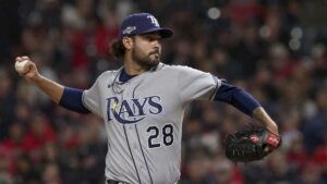 Nick Martinez pitching for the Tampa Bay Rays in the ALCS at Progressive Field