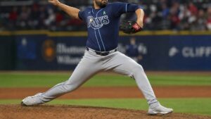 Nick Martinez of the Tampa Bay Rays delivering a pitch at Progressive Field