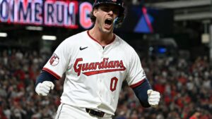 Petey Halpin of the Cleveland Guardians celebrating a go-ahead home run at Progressive Field