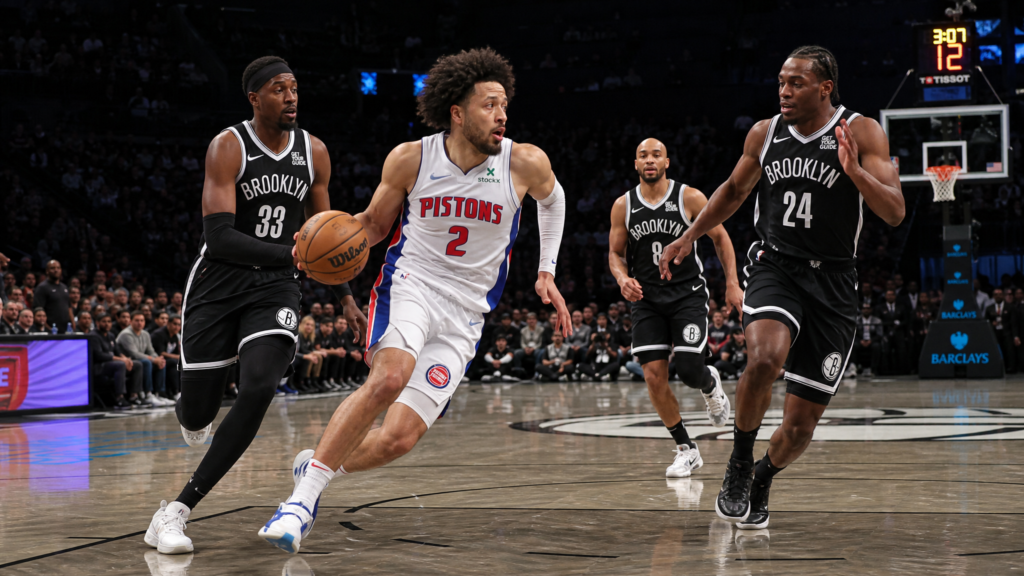 Cade Cunningham of the Detroit Pistons driving to the basket against the Brooklyn Nets