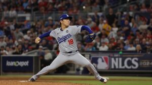 Yoshinobu Yamamoto pitching for the Los Angeles Dodgers