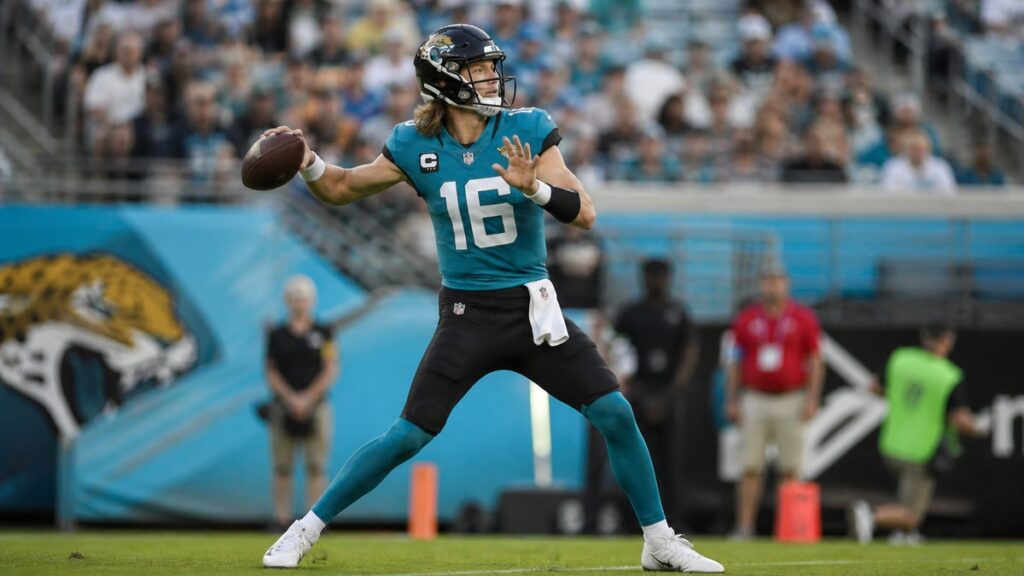 Trevor Lawrence throwing a pass for the Jacksonville Jaguars