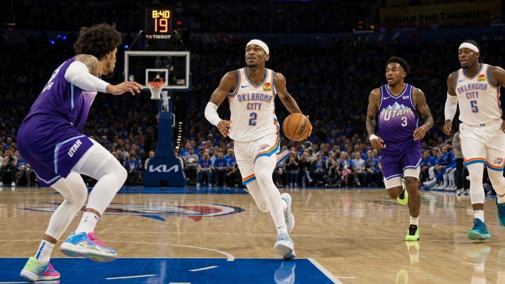 Shai Gilgeous-Alexander driving to the basket for the Oklahoma City Thunder