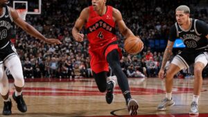Scottie Barnes driving to the basket for the Toronto Raptors