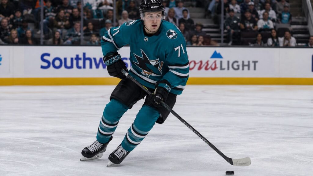Macklin Celebrini skating for the San Jose Sharks