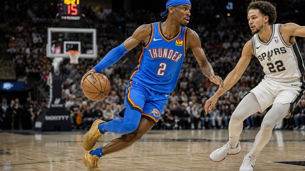 Shai Gilgeous-Alexander driving to the basket for the Oklahoma City Thunder