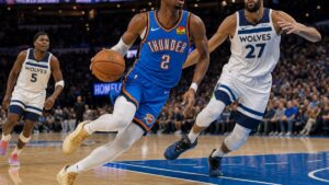 Shai Gilgeous-Alexander driving to the basket for the Oklahoma City Thunder