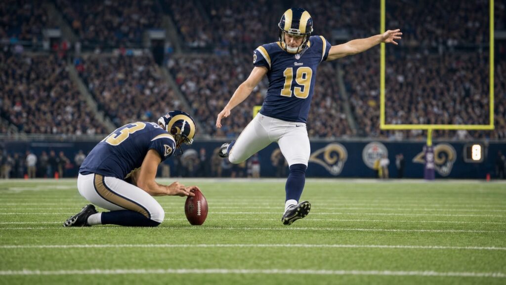 Los Angeles Rams kicker in a number 19 jersey striking a field goal attempt in a stadium