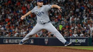 Drew Rasmussen pitching for the Tampa Bay Rays in the ALCS