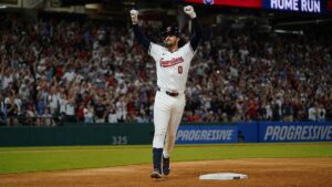 Petey Halpin of the Cleveland Guardians celebrating a home run at Progressive Field
