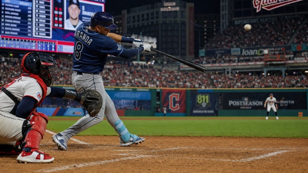 Jonathan Aranda batting for the Tampa Bay Rays at Progressive Field during the ALCS