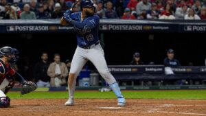 Junior Caminero batting for the Tampa Bay Rays at Progressive Field
