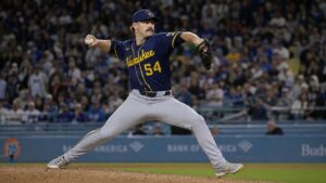 Robert Gasser pitching for the Milwaukee Brewers in the NLCS against the Dodgers