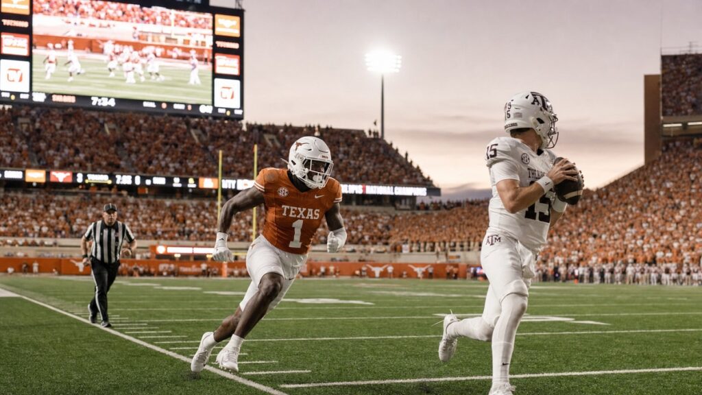Texas Longhorns edge rusher in burnt orange No. 1 jersey on the field at Darrell K Royal Texas Memorial Stadium ahead of the Ole Miss game