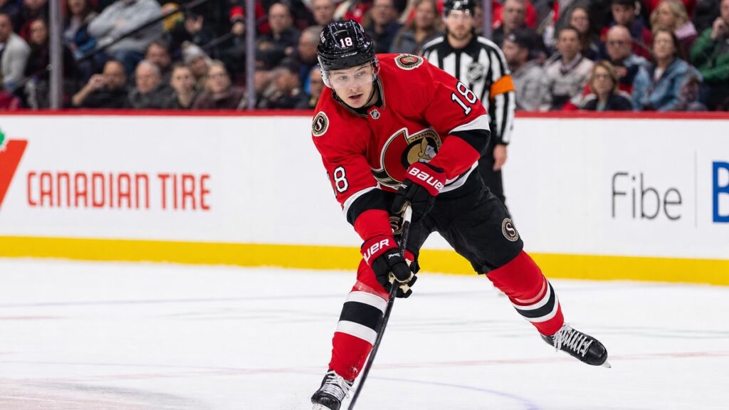 Tim Stutzle of the Ottawa Senators skating with the puck in an NHL game