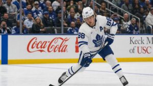 William Nylander of the Toronto Maple Leafs winding up for a shot on goal