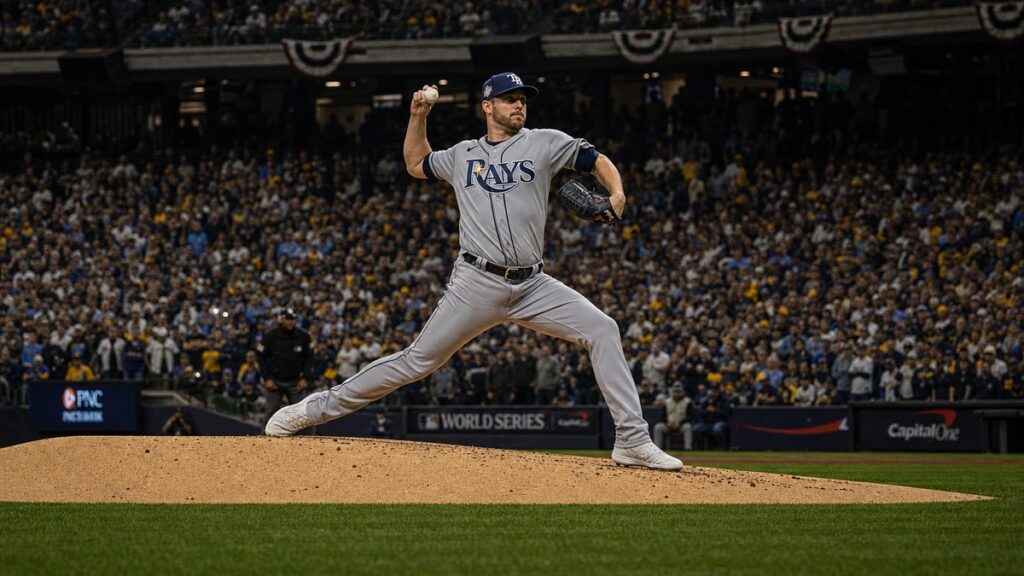 Drew Rasmussen of the Tampa Bay Rays pitching against the Milwaukee Brewers in the World Series