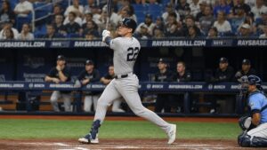 Ben Rice batting for the New York Yankees during the ALDS against the Tampa Bay Rays